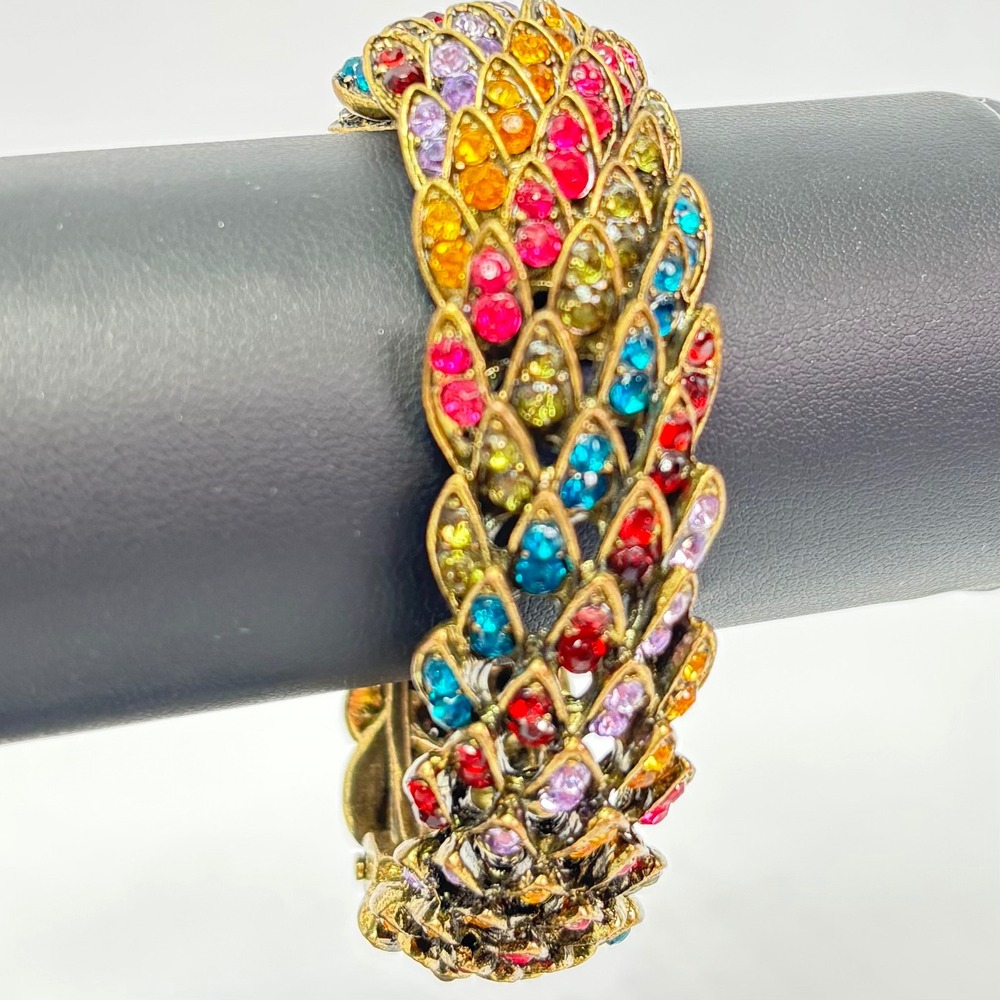 Gold Tone Hinge Bracelet Bangle Color Rhinestone Leaf Feather Antiqued Gold Tone